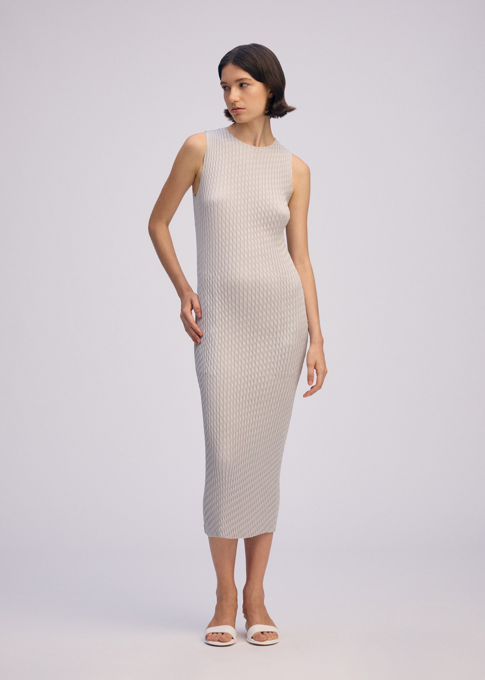 Issey Miyake Sleek Pleats šaty šedé vel. 2 saténové