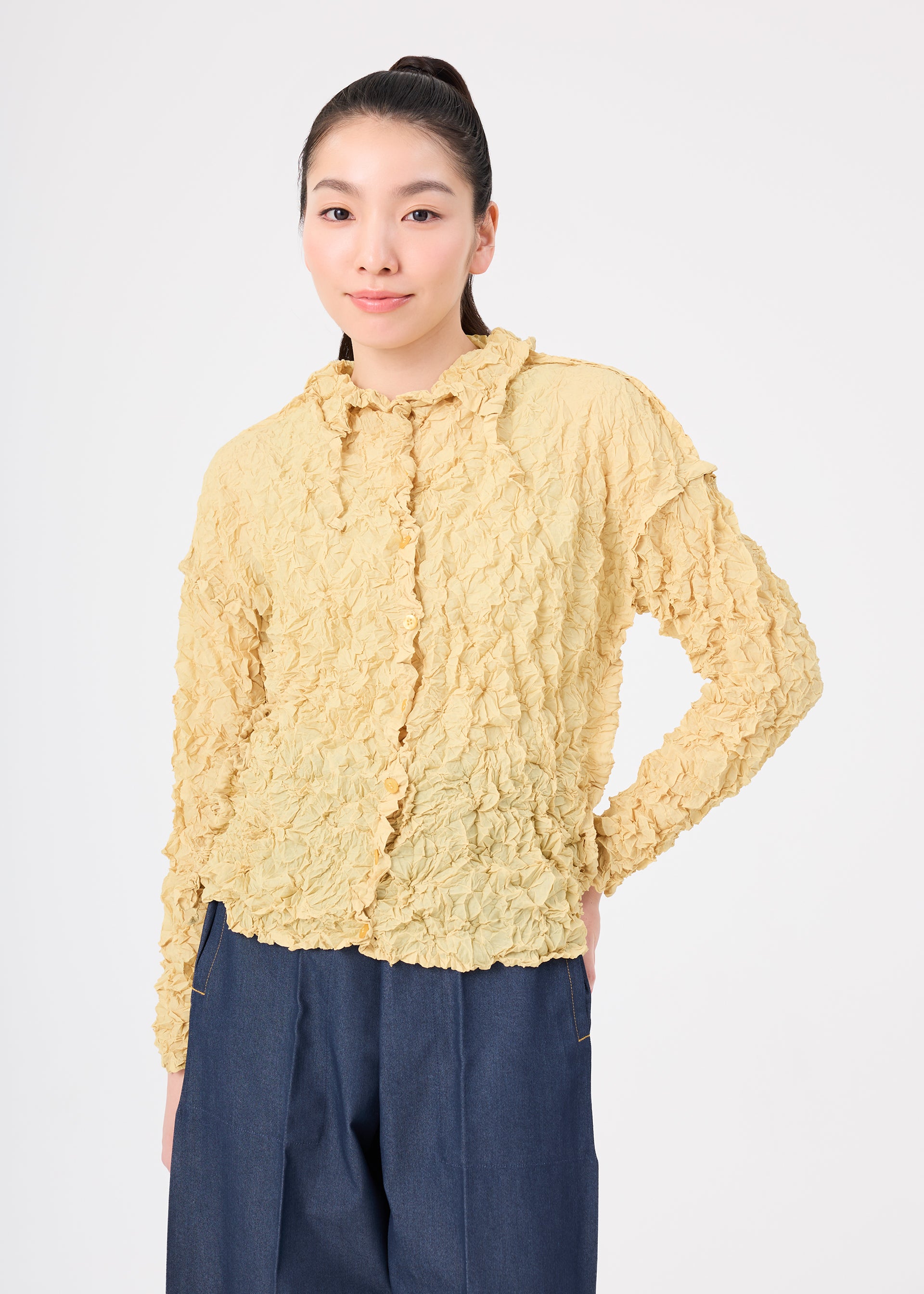 Issey Miyake Meringue Top dámský kardigan taupe řasený