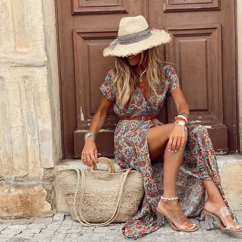 Norielle dlouhé boho šaty s rozparkem červené M