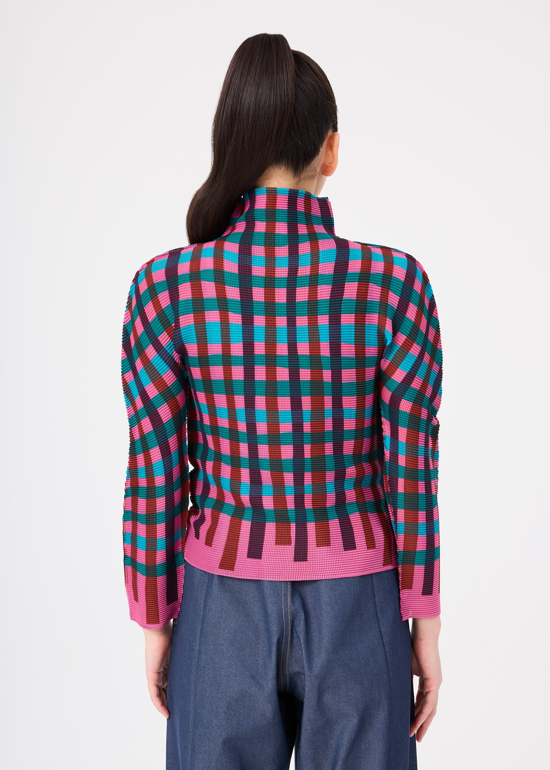 Issey Miyake Tape Check top pink-hued stretch plisé