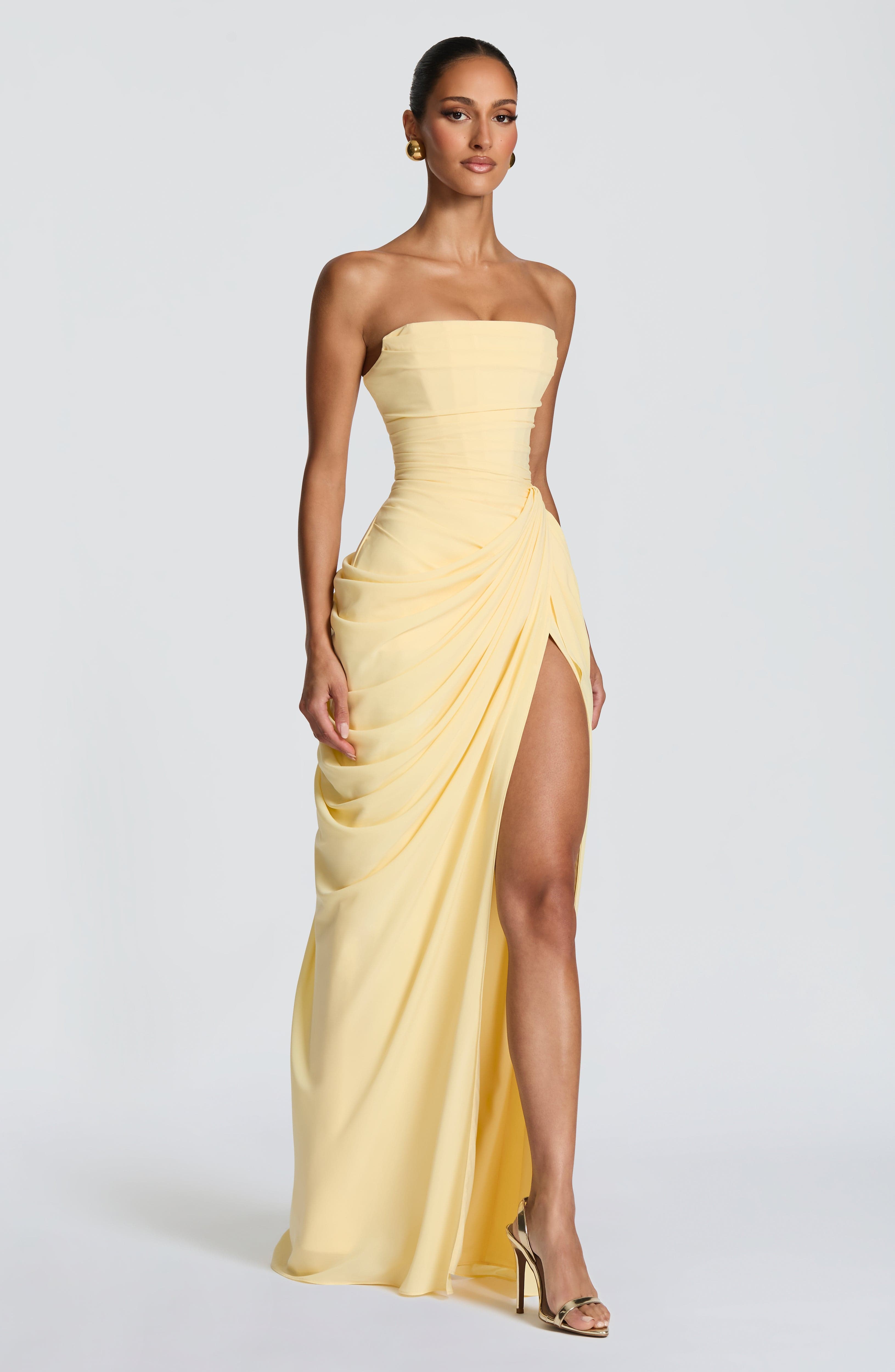 Norielle Froncée bustier šaty dlouhé žluté s rozparkem