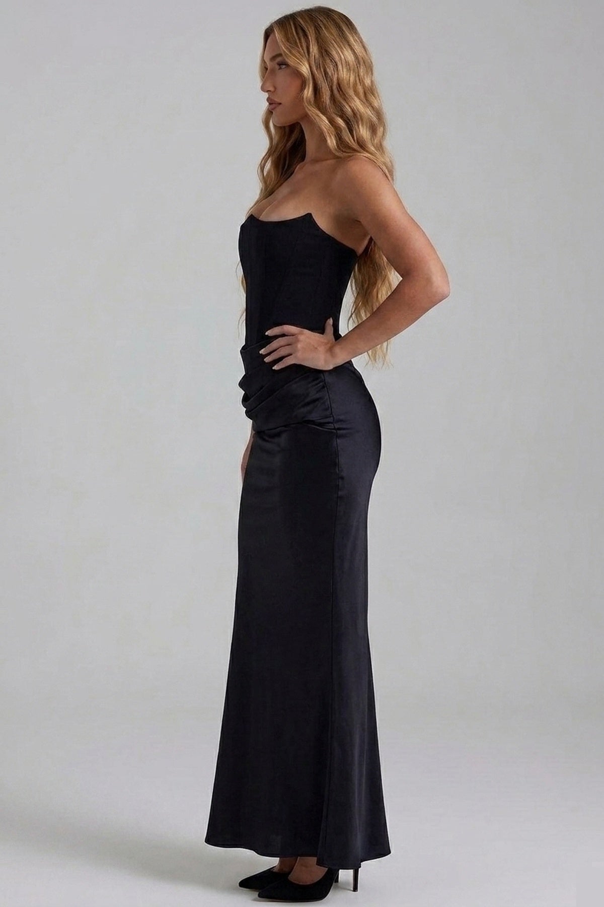 Norielle saténové bustier šaty dlouhé černé