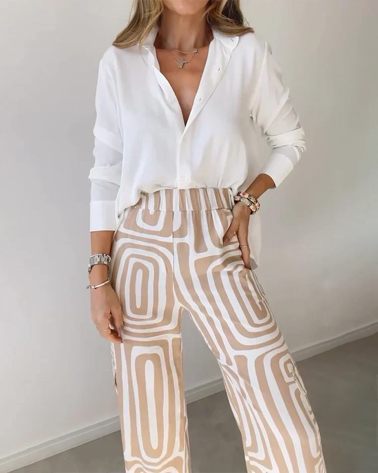 Norielle souprava košile kalhoty khaki geometrická