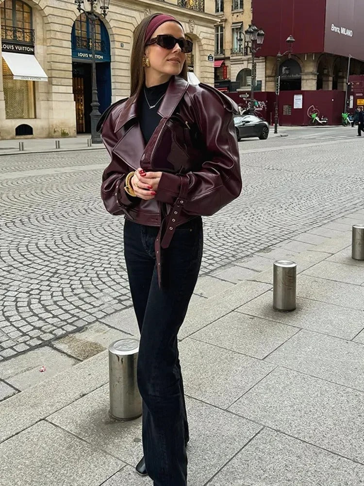 Norielle krátká oversize bunda z eko kůže hnedá