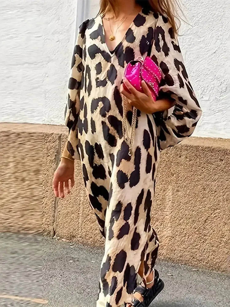 Norielle leopardí maxi šaty volný střih dlouhý rukáv