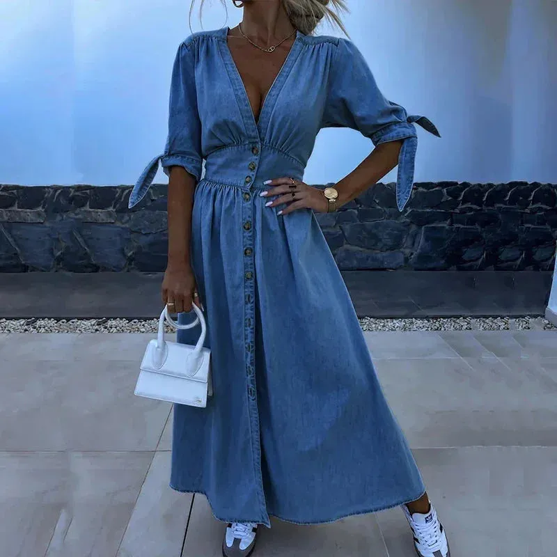 Norielle zavinovací maxi šaty s véčkem denim